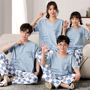 亲子睡衣一家三口夏季纯棉短袖长裤男童女童中大童家居服情侣套装