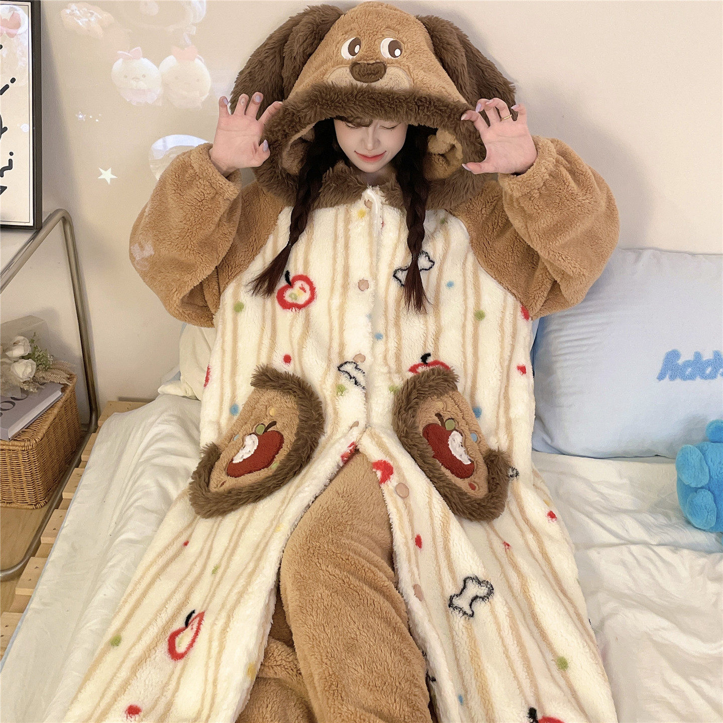 珊瑚绒睡衣女生秋冬季法兰绒初中高中学生甜美可爱家居服睡袍套装