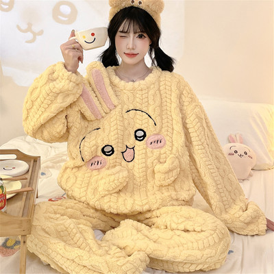 女孩中大童珊瑚绒睡衣冬天加厚加绒少女初中学生休闲风家居服套装