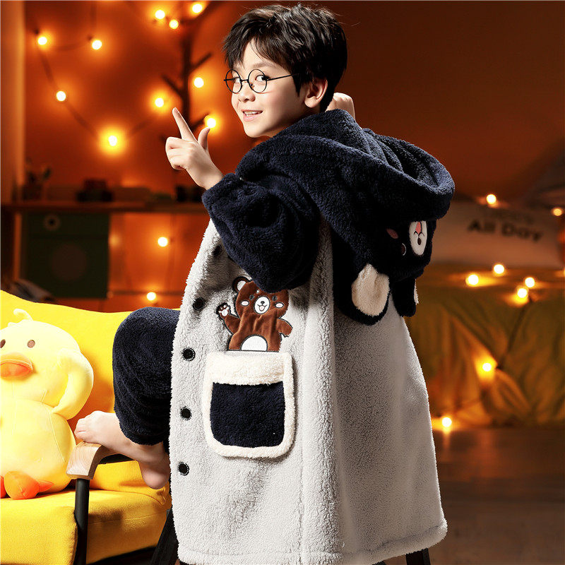 男童睡袍秋冬季加绒加厚珊瑚绒儿童睡衣男孩中大童长款浴袍家居服