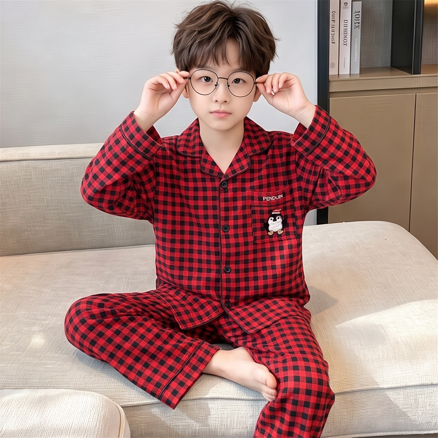 儿童睡衣男生春秋季长袖纯棉男孩中大童青少年红色格子家居服套装