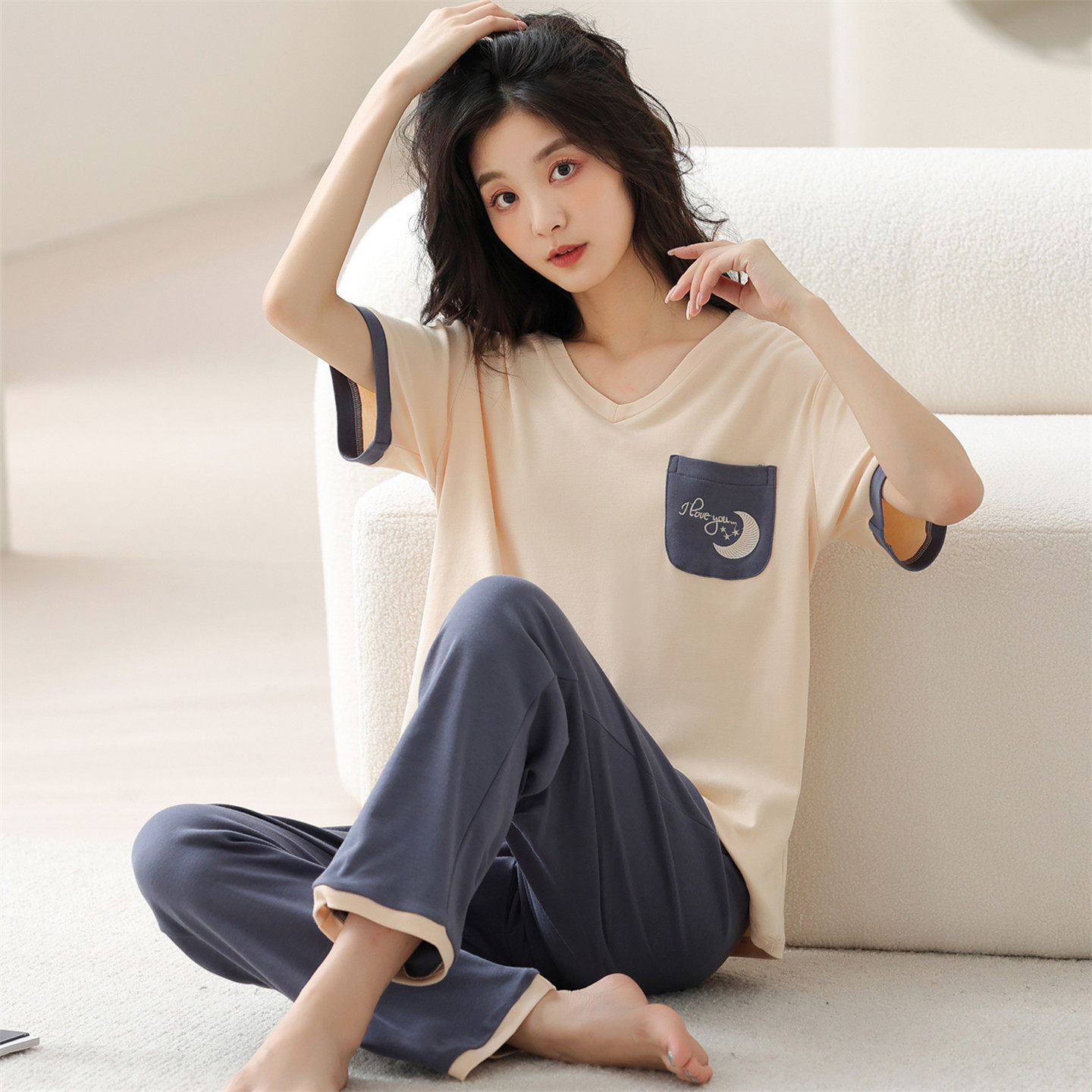 大童睡衣女孩夏季短袖长裤纯棉少女初中高中学生休闲风家居服套装