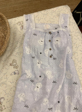 可爱少女感紫色波点蝴蝶结蕾丝米菲兔吊带睡裙女夏季带胸垫家居服
