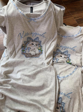 卡通猫咪字母蕾丝蝴蝶结短袖睡裙