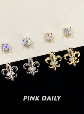 Pink Daily金色鸢尾花闪钻后挂式钛钢耳钉女独特设计感吊坠耳饰