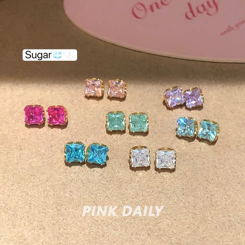 Pink Daily爆闪小方糖锆石f136医用钛合金耳钉养耳洞耳骨钉耳饰