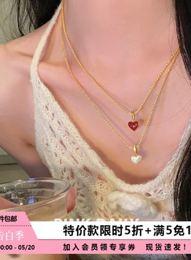 【特价款】红色双面贝母爱心吊坠钛钢项链女简约锁骨链装饰毛衣链