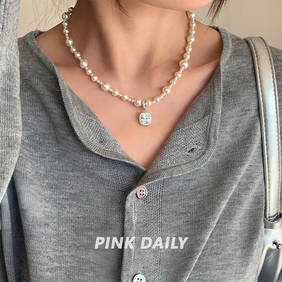 Pink Daily小方糖超闪锆石珍珠吊坠项链女法式锁骨链满天星颈链