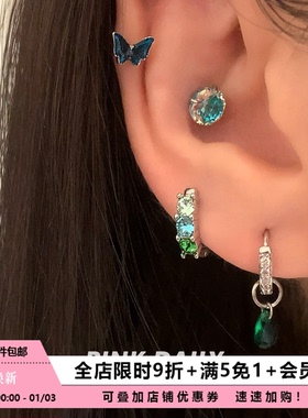 Pink Daily绿色超闪锆石水滴蝴蝶耳钉耳环女精致钛钢耳骨钉耳饰