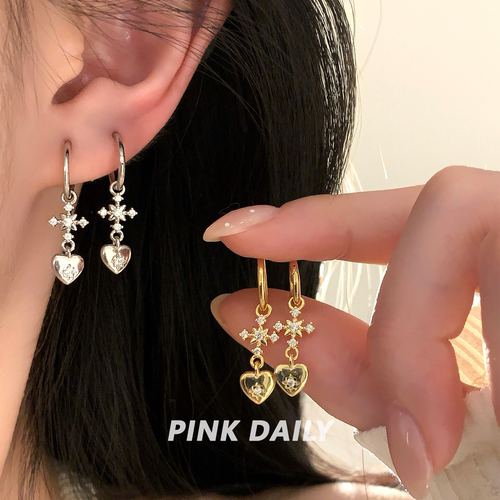 Pink Daily闪钻金色十字架爱心吊坠耳环女时尚独特高级感耳坠耳饰
