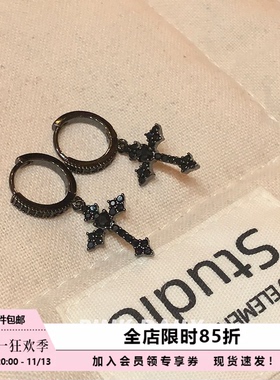 Pink Daily黑色闪钻十字架吊坠耳环女暗黑锆石甜酷高级感耳坠耳饰