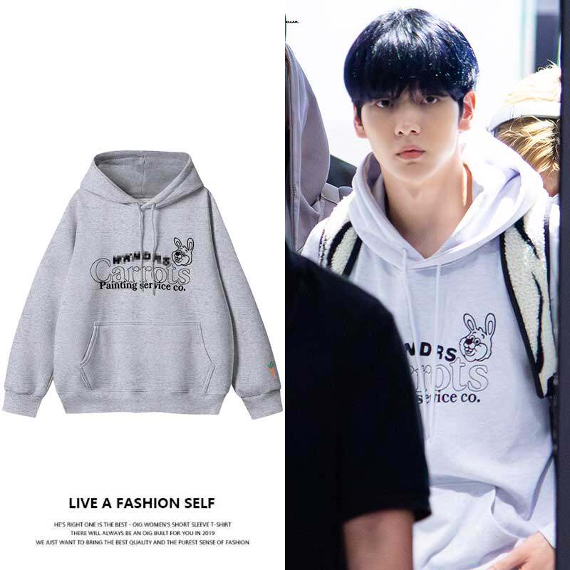 TXT崔秀彬同款卫衣灰色印花宽松套头连帽衫春秋冬加绒薄衣服男女