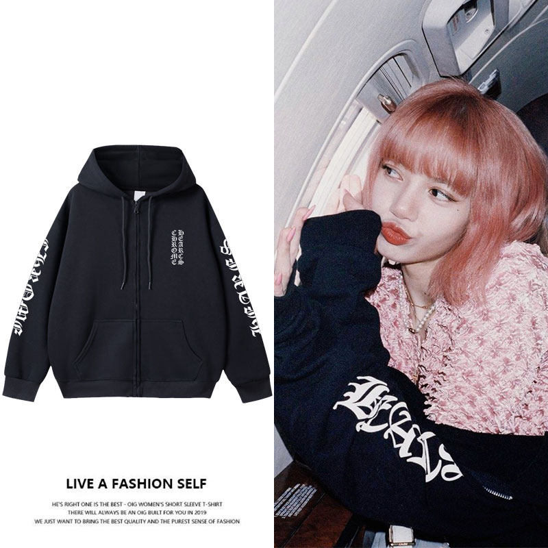 blackpink周边lisa同款卫衣印花宽松拉链印花薄款加绒上衣服外套