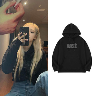blackpink朴彩英rose同款卫衣服宽松印花套头加厚秋冬套头连帽衫