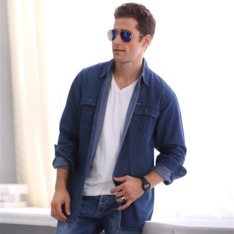 秋季男土衬衫修身长袖大码牛子褂衬衣韩版牛仔寸衫男长袖薄款外套