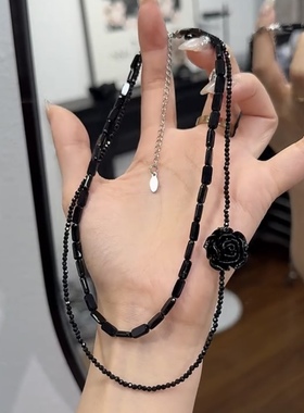 黑色玫瑰花串珠双层项链