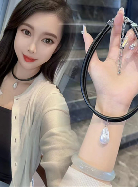 女双层不规则珍珠项链PU皮