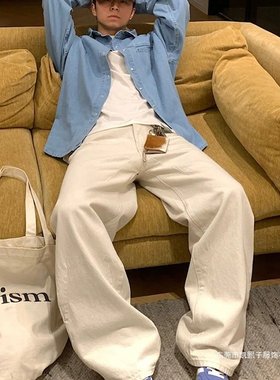 白开水纯色阔腿牛仔裤小众痞帅感美式休闲拖地裤子潮白色