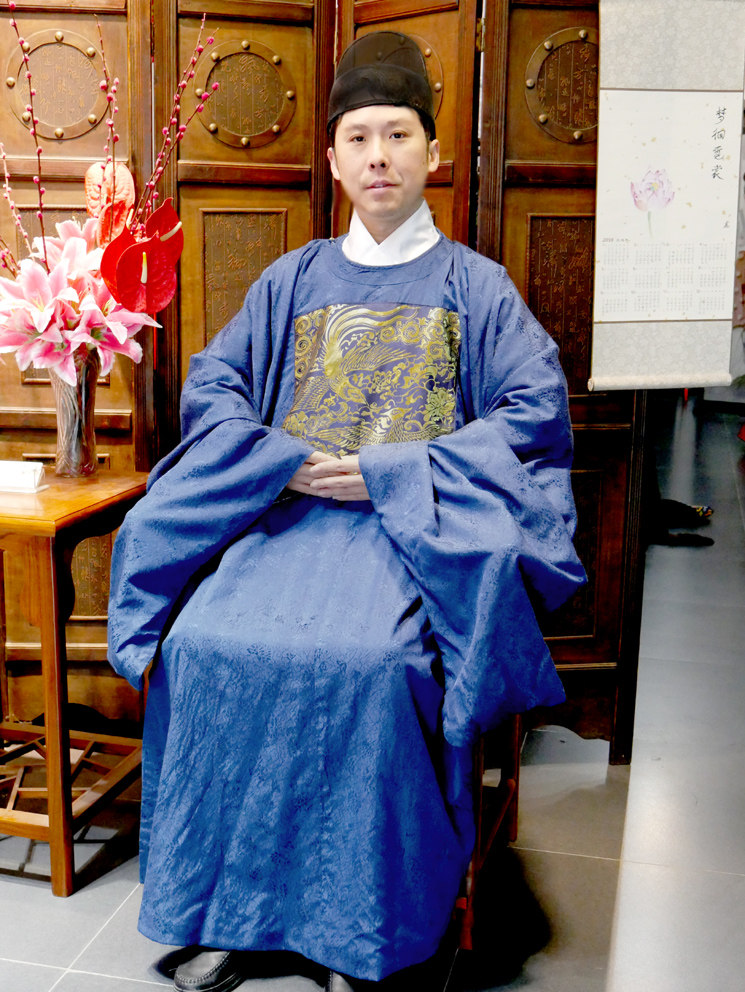 汉服男装明制汉服圆领袍大袖道袍双层提花有外摆复原款定制可换色