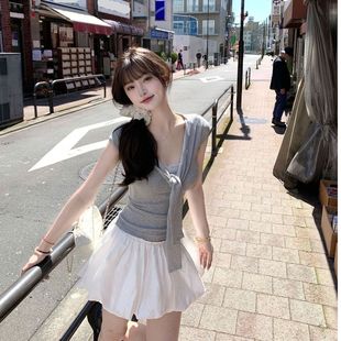 花苞半身裙学生套装 韩系蕾丝海军领修身 T恤女夏季 系带短袖 潮 短款