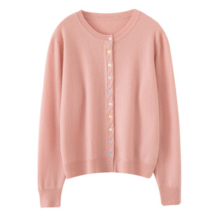 100%纯山羊绒衫女款圆领彩色扣子百搭针织开衫毛衣2025秋冬季新款