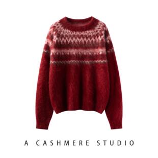 轻奢拉绒款100%纯山羊绒衫女提花复古风圆领毛衣高级感加厚打底衫