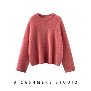 商场同款拉绒软糯舒适100%纯山羊绒衫女圆领毛衣慵懒风针织打底衫