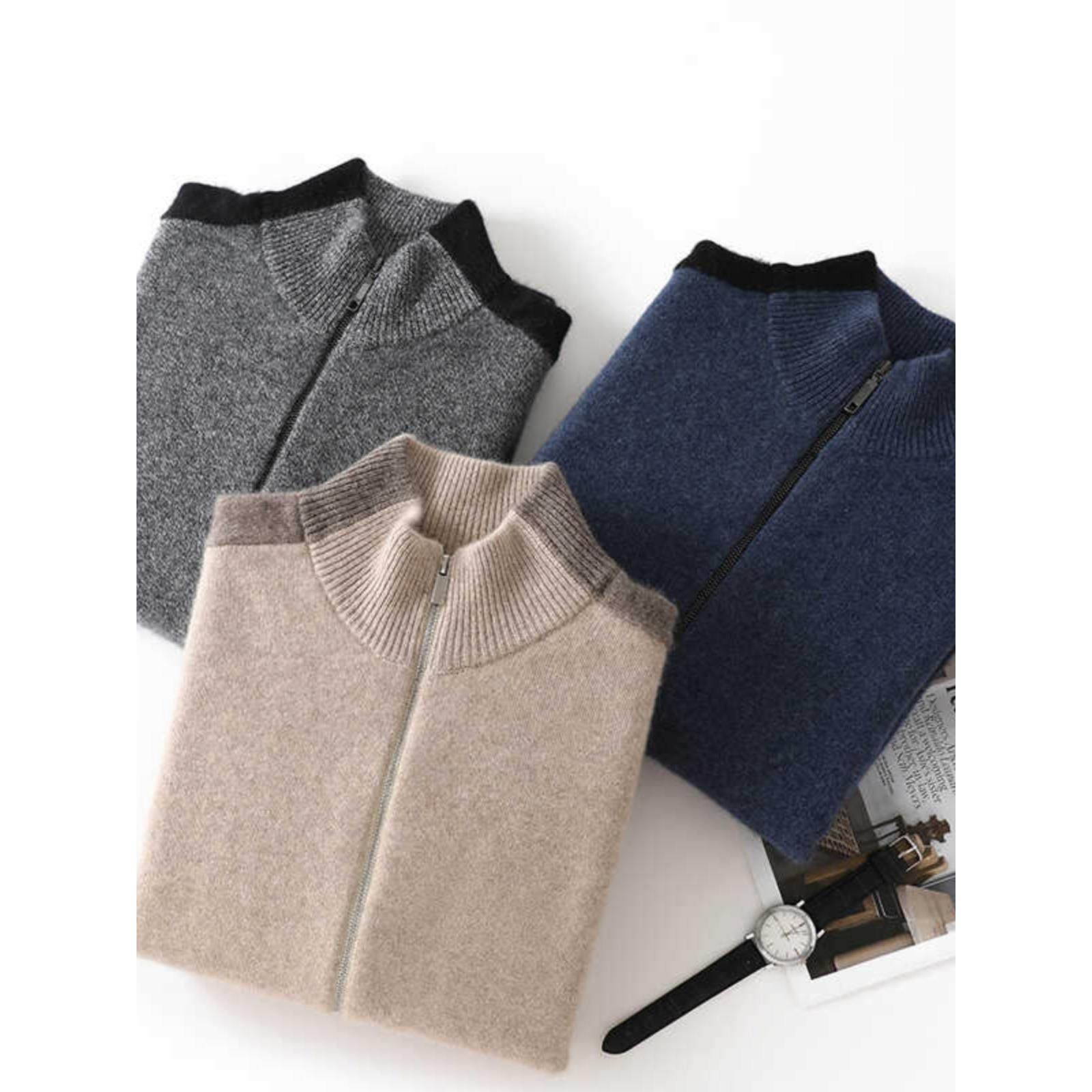 100%纯羊绒衫男半高领拉链宽松休闲针织羊毛衫加厚保暖山羊绒外套