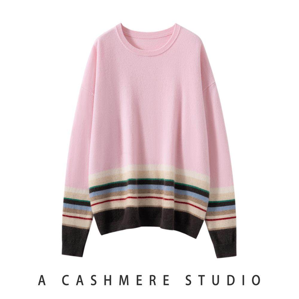 100%纯山羊绒衫女圆领拼色针织宽松毛衣休闲慵懒风2025秋冬新款,女装/女士精品,羊绒衫,淘宝优惠券,粉丝福利购,淘宝优惠卷