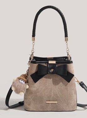 CHARHP&KEJNT2024新款小众蝴蝶结高级复古文艺水桶百搭单肩斜挎包