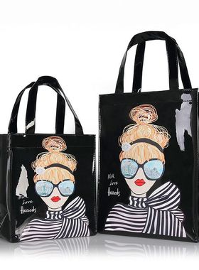 CKKUI便当包新款pvc印花环保购物袋英伦学生大容量防水手提袋女包