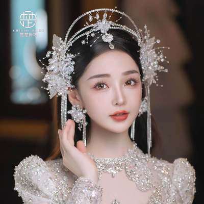 2023新款结婚头饰水晶流苏眉心坠发箍仙美白纱圣女冠礼服造型发饰