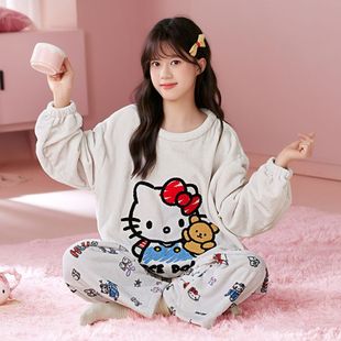 hellokitty女童睡衣法兰绒儿童加厚家居服珊瑚绒保暖冬款加绒长袖