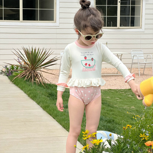 防晒速干泳装 长袖 宝宝温泉度假游泳衣潮 儿童韩版 女童连体泳衣新款