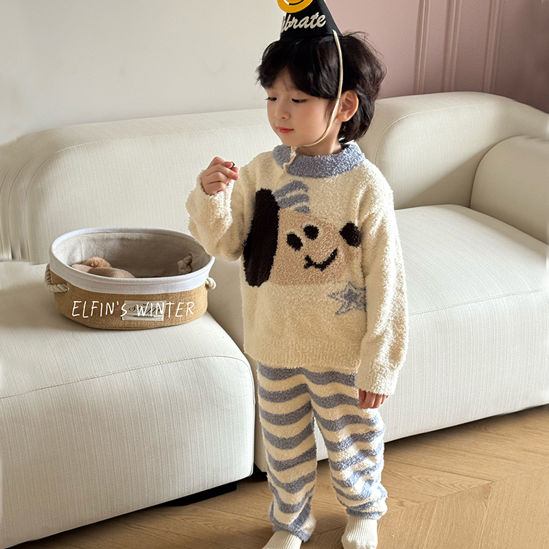 冬季儿童睡衣保暖珊瑚绒卡通狗狗男女童家居服加厚男孩半边绒套装