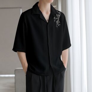 古风竹叶中式刺绣衬衫短袖夏季中国潮牌宽松高级韩系休闲衬衣半袖