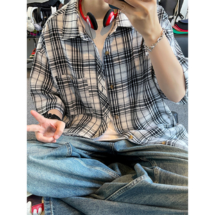 黑白格子短袖衬衫男2025新款夏季高级感痞帅宽松休闲工装衬衣大码