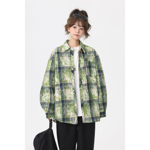 港风扎染格子衬衫男女同款加厚美式复古长袖格纹衬衣宽松情侣外套