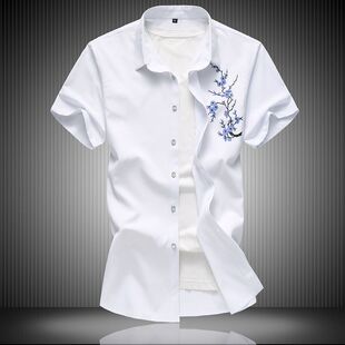 新款夏男短袖衬衫印花衬衣休闲韩潮流帅加肥加大宽松梅花短袖寸衫