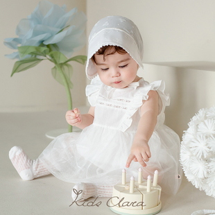 KIDSCLARA韩国女宝宝周岁公主裙夏装 新品 婴儿白色连衣裙纱裙