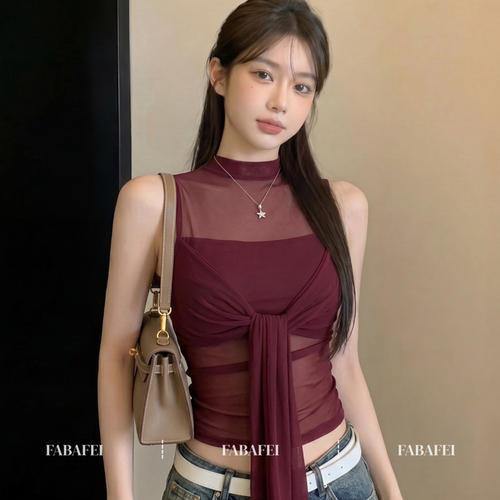 网纱半高领背心女夏季新款