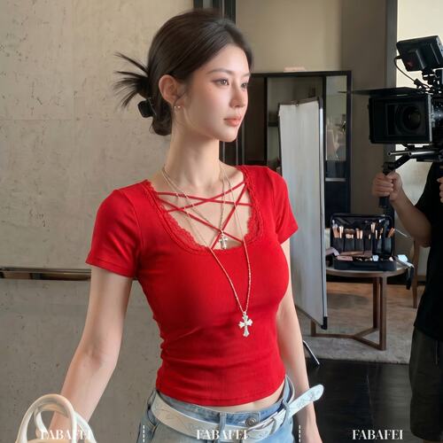 美式复古交叉绑带短袖t恤女2026夏季新款修身收腰显身材短款小衫
