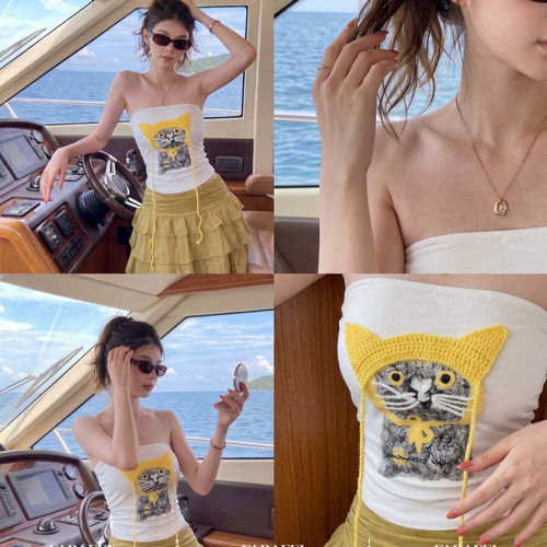 柔美俏皮风猫咪印花裹胸背心女夏款外穿胸垫一体抹胸无袖露肩上衣