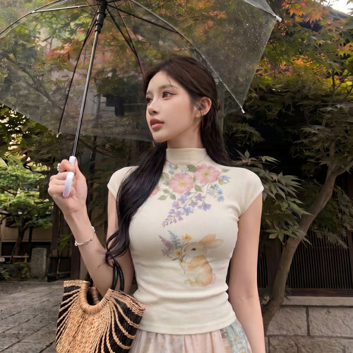甜辣风兔子花卉印花t恤女2026夏款设计感套头半高领坎肩修身上衣