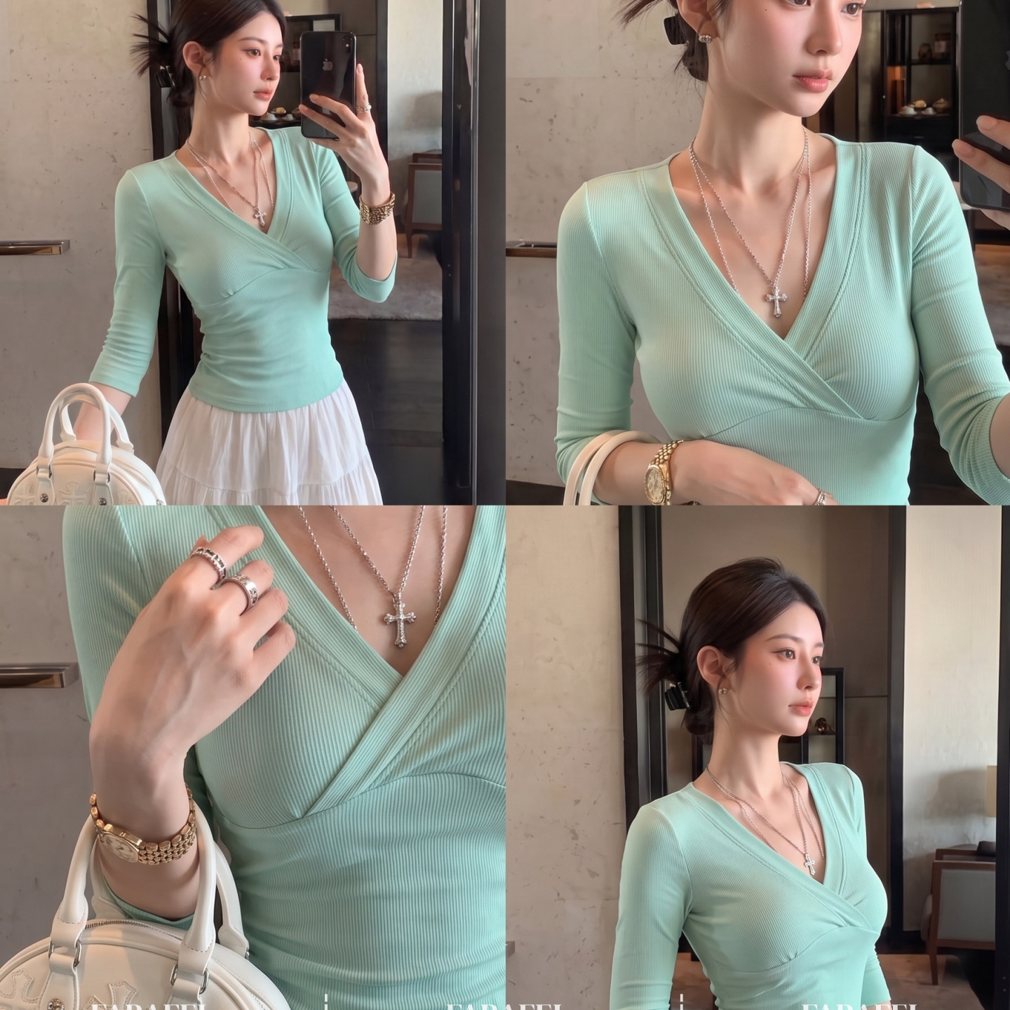 清新薄荷绿交叉v领七分袖t恤女夏新款坑条螺纹收腰修身显瘦小上衣