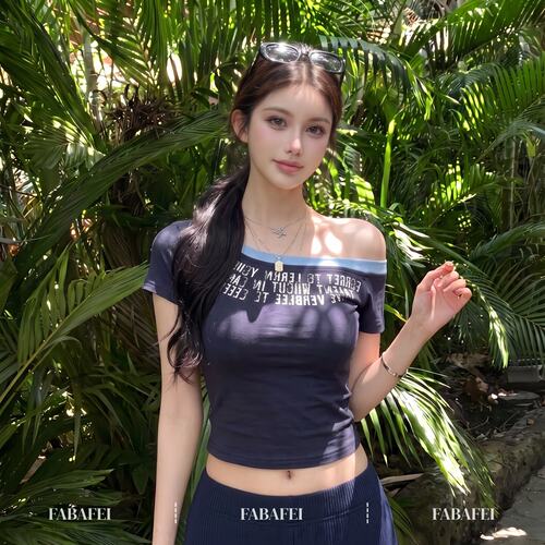 复古y2k风字母印花斜肩t恤女夏款甜辣妹露肩短袖体恤修身显瘦上衣