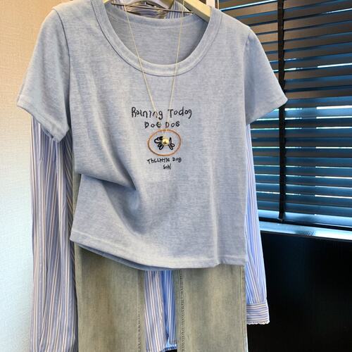 简约通勤风小狗刺绣圆领t恤女夏季修身显瘦短款气质百搭短袖上衣