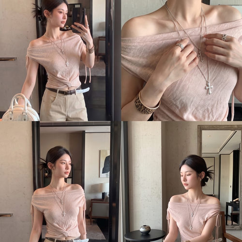 慵懒韩系粉色扭结露肩t恤女2026夏季款侧边系带显瘦百搭短款上衣