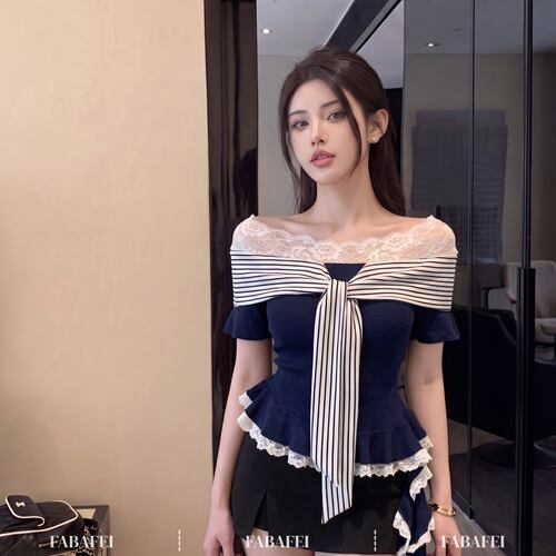 甜辣约会风蕾丝一字肩背心女夏款系带条纹蝴蝶结t恤收腰显瘦上衣
