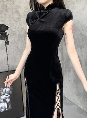中式暗黑风黑丝绒改良旗袍连衣裙